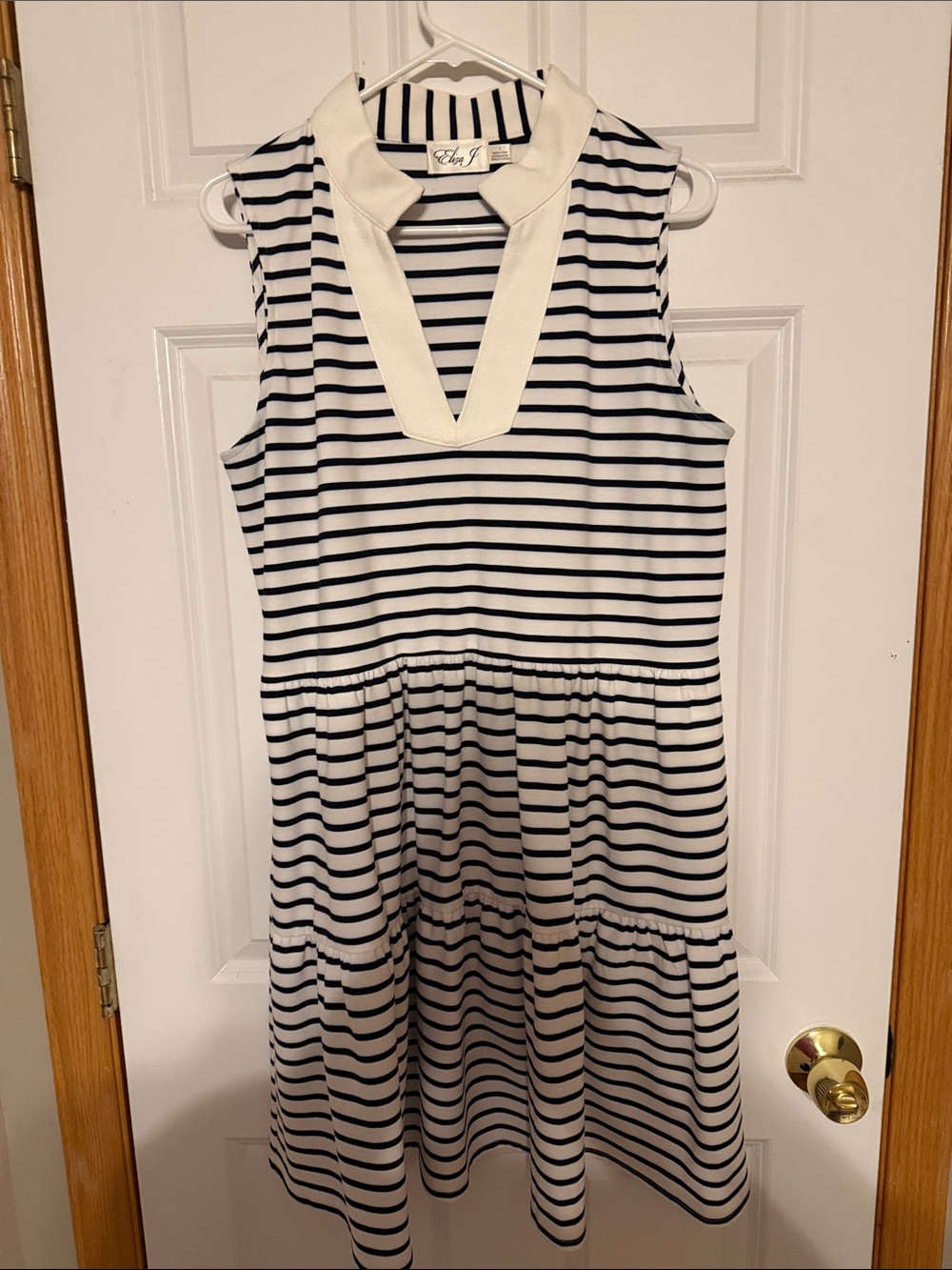 Eliza J Navy and White Striped Sleeveless Dress with V-Collar